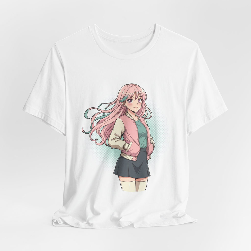 Anime Girl Graphic Tee — Pink-Haired Schoolgirl Illustration T-Shirt